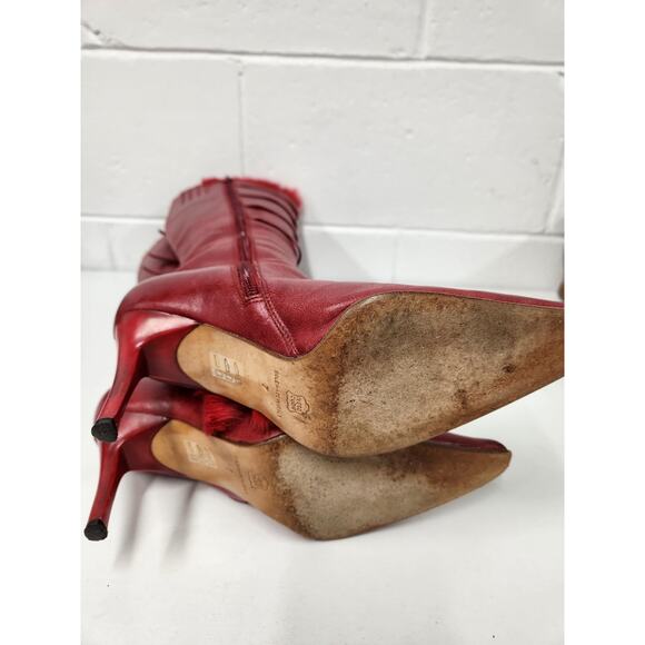 Vintage Beston Women's Red High Heels Tall Boots, Sz 7. Buckle/Rabbit Fur Accent - Picture 8 of 14
